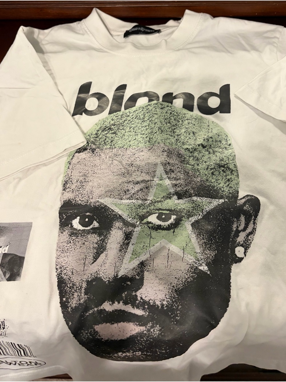 Simple White Short-Sleeve Tee with Black & Green 'blond' Face Graphic